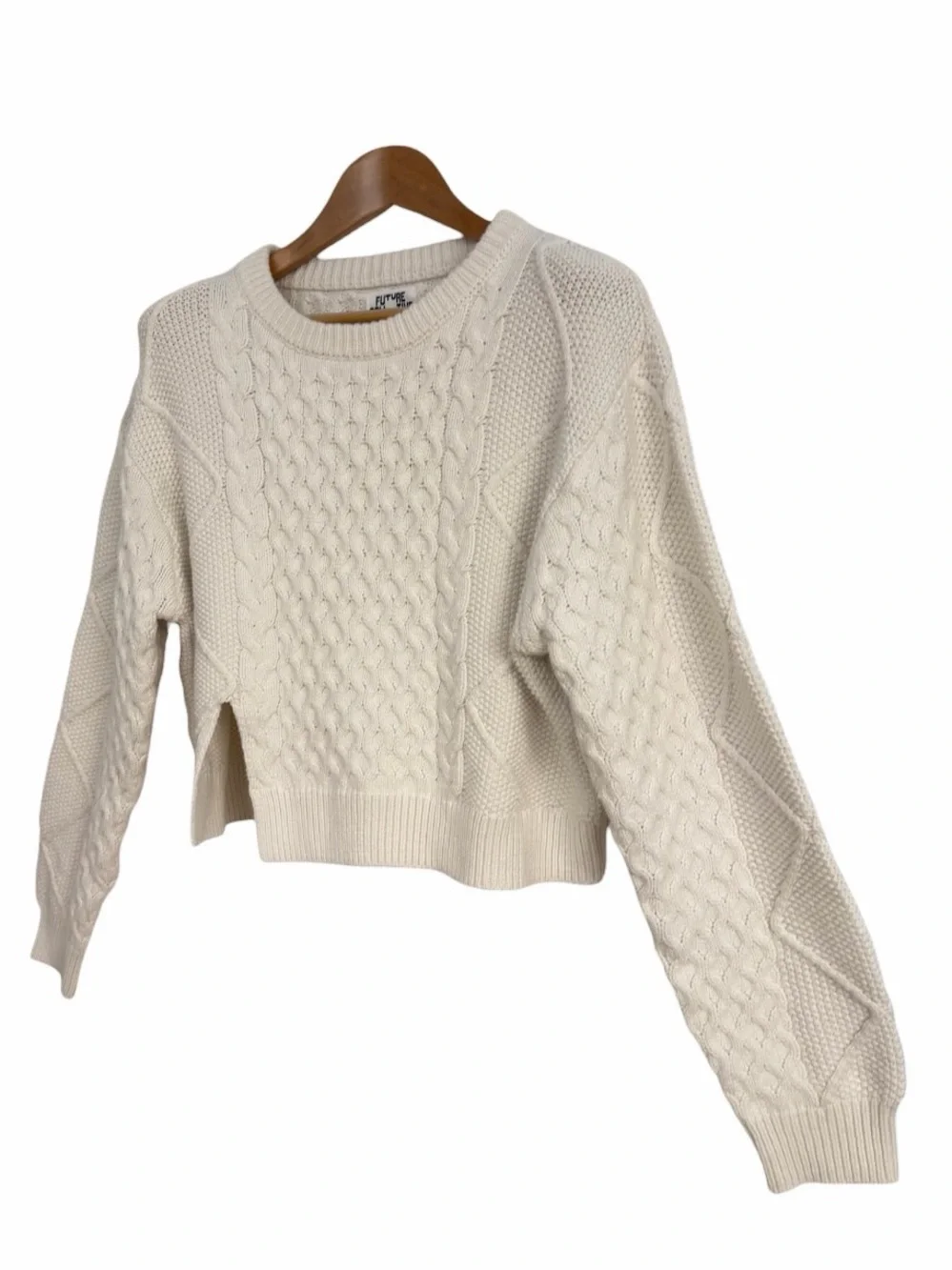 Future Collective Reese Blutstein Cropped Cable Knit Sweater White Cream Large